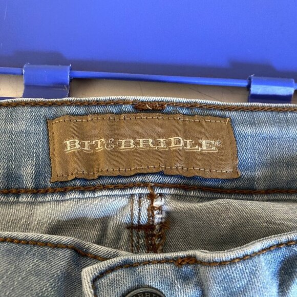 Bit & Bridle Denim Skirt Size 10 Distressed Whiskering Stitching Western Cowgirl - Picture 7 of 11